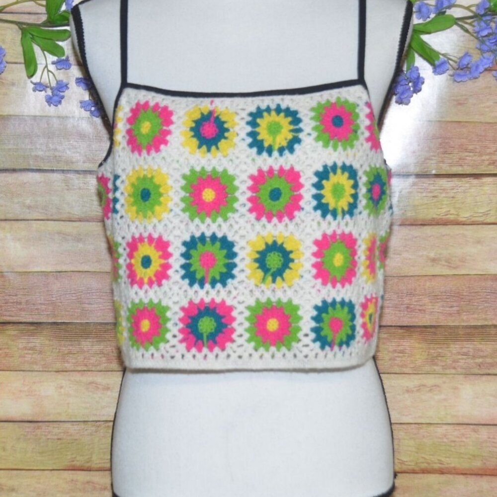 Wild Fable Women's XL Granny Squares Knit Floral Crochet Crop Tank Top Cute Boho